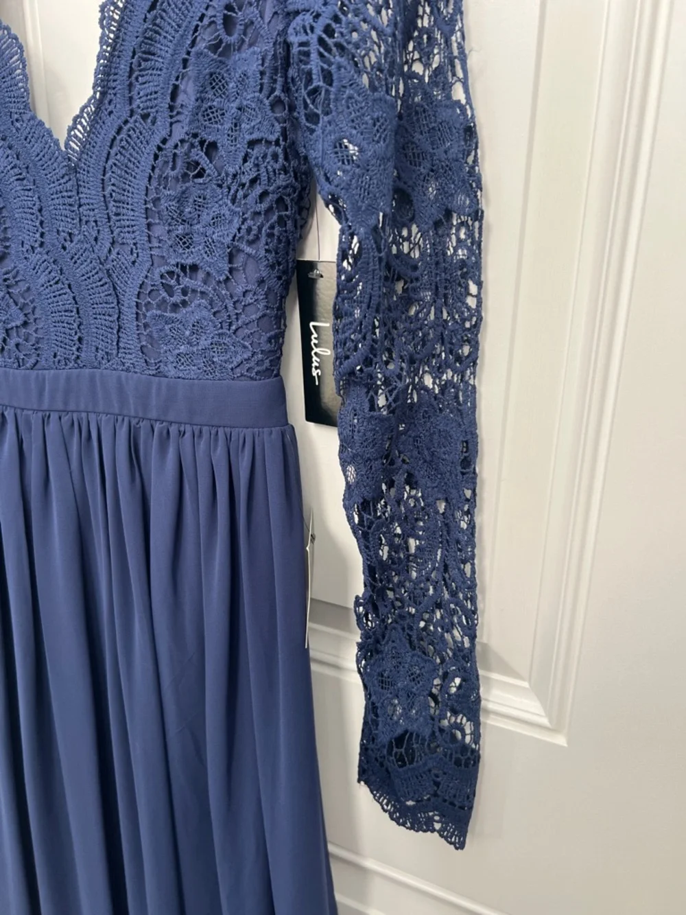 Lulus Awaken My Love Navy Blue Crochet‎ Lace Long Sleeve Maxi Dress Small NWT